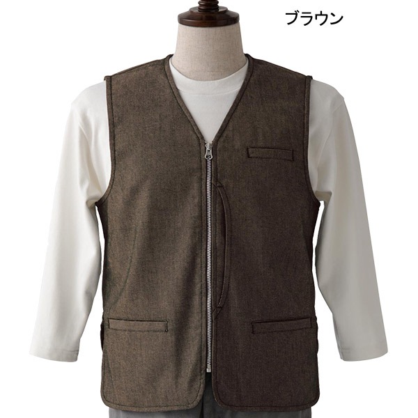 MONOTAINO JEANS フード付きブラウンベスト 44サイズ 飲食店,ベストセブン 男女兼用 ベスト CJ4340 麻調デニム 飲食店