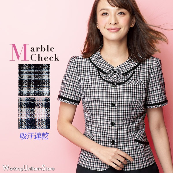 64502 事務服 半袖ブラウスジャケット 紺x白チェック 11 64502 事務服