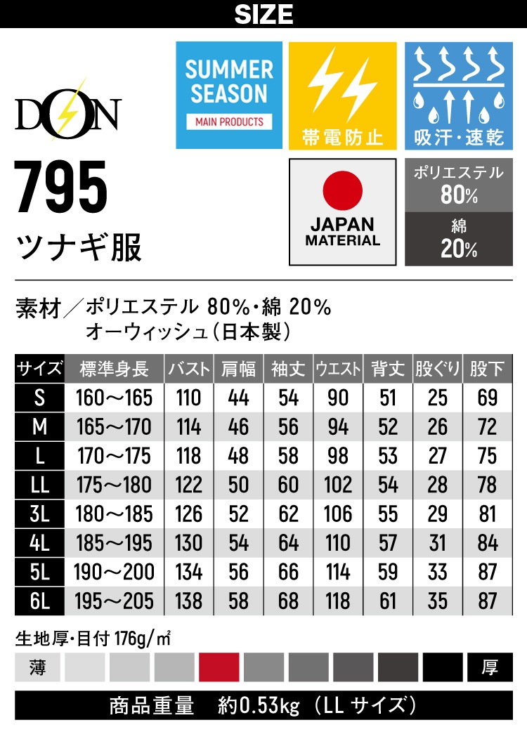 ヤマタカ ツナギ服 795 長袖 日本製生地 帯電防止 吸汗速乾 脇メッシュ