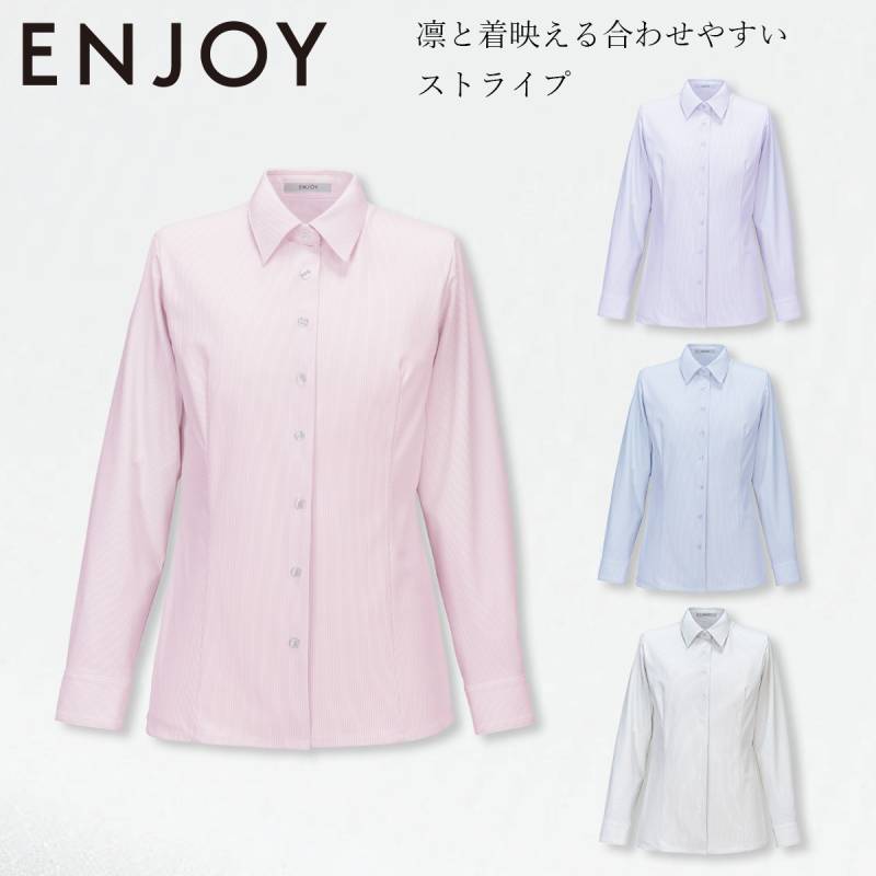 KARSEE カーシーカシマ ENJOY EWB875 シャツ ブラウス 19号 長袖 ストライプ ニット スカーフループ 消臭 ストレッチ イージーケア ホームクリーニング レディース オフィス 制服 事務服 エンジョイ