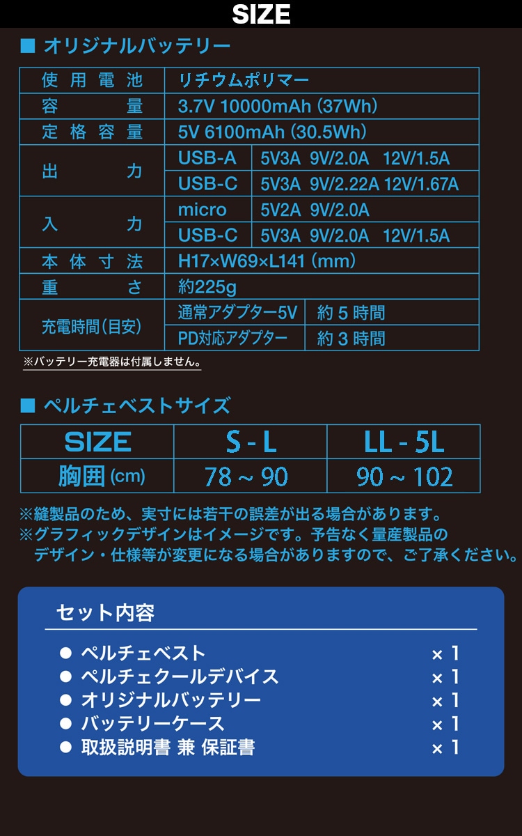 【寅壱】ペルチェベストセット LL-5L(胸廻り90~102) 2024モデル ペルチェベストセット 0213-000 寅壱 トライチ 冷却ベスト 熱中