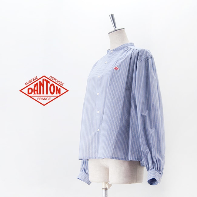 DANTON コットン ドビーストライプ ギャザー シャツ 白 バンドカラー SOLDOUT】DANTON ダントン レディース バンドカラー ストライプ