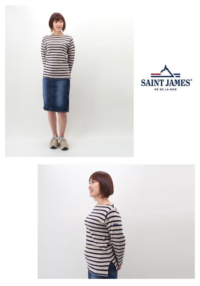 美品　セントジェームス　ボーダーニット アイボリー×ネイビー　サイズM レディース・メリノボーダーセーター［ネイビー/生成り］：セント