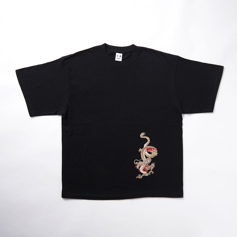 来迎龍(金龍) 刺繍 Tシャツ(ブラック)