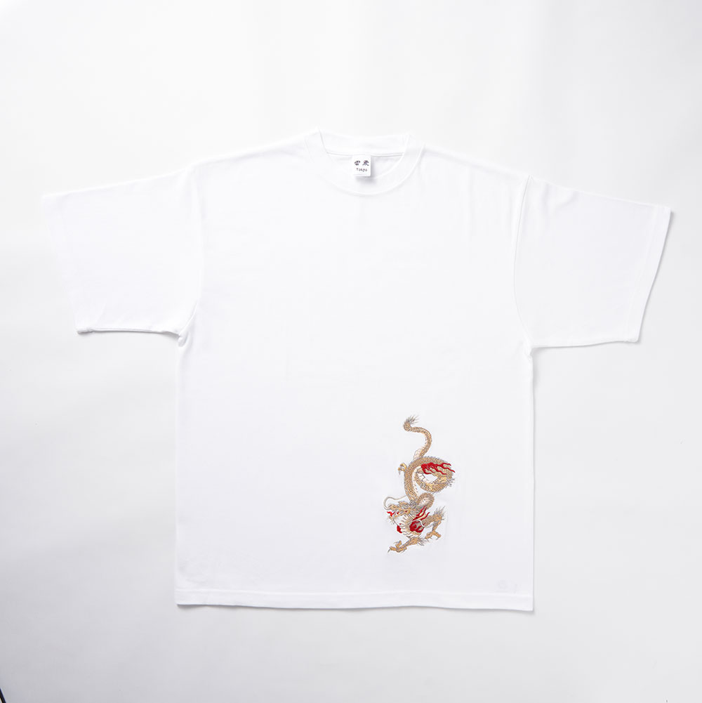 来迎龍(金龍) 刺繍 Tシャツ(ホワイト)