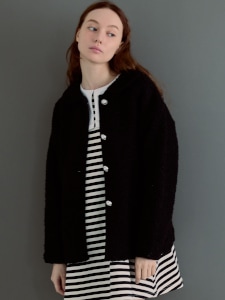 Round Collar Boucl��� Jacket(BLACK)