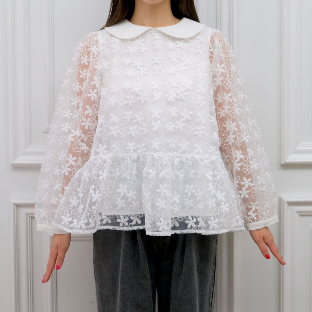 フラワーレースカラーブラウス(WHITE) | TOPS | UN MINOU