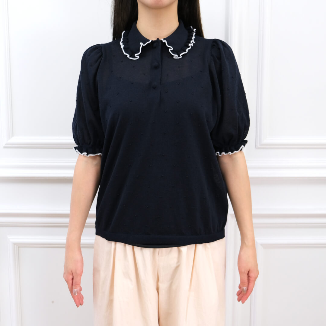 新品未使用　アンミヌ　unminou パイピングフリルニット ポロシャツ パイピングフリルニット(NAVY) | すべての商品 | UN MINOU