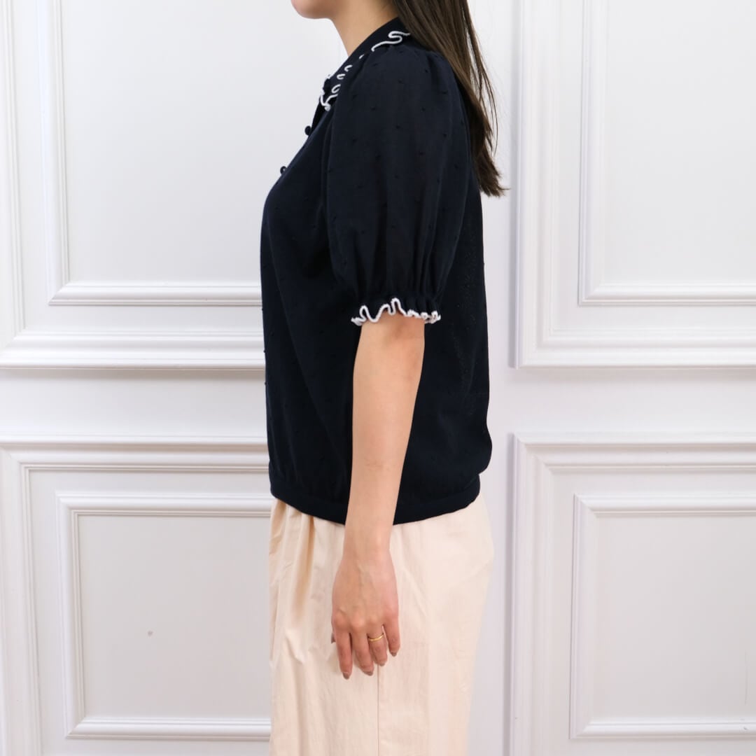 新品未使用　アンミヌ　unminou パイピングフリルニット ポロシャツ パイピングフリルニット(NAVY) | すべての商品 | UN MINOU
