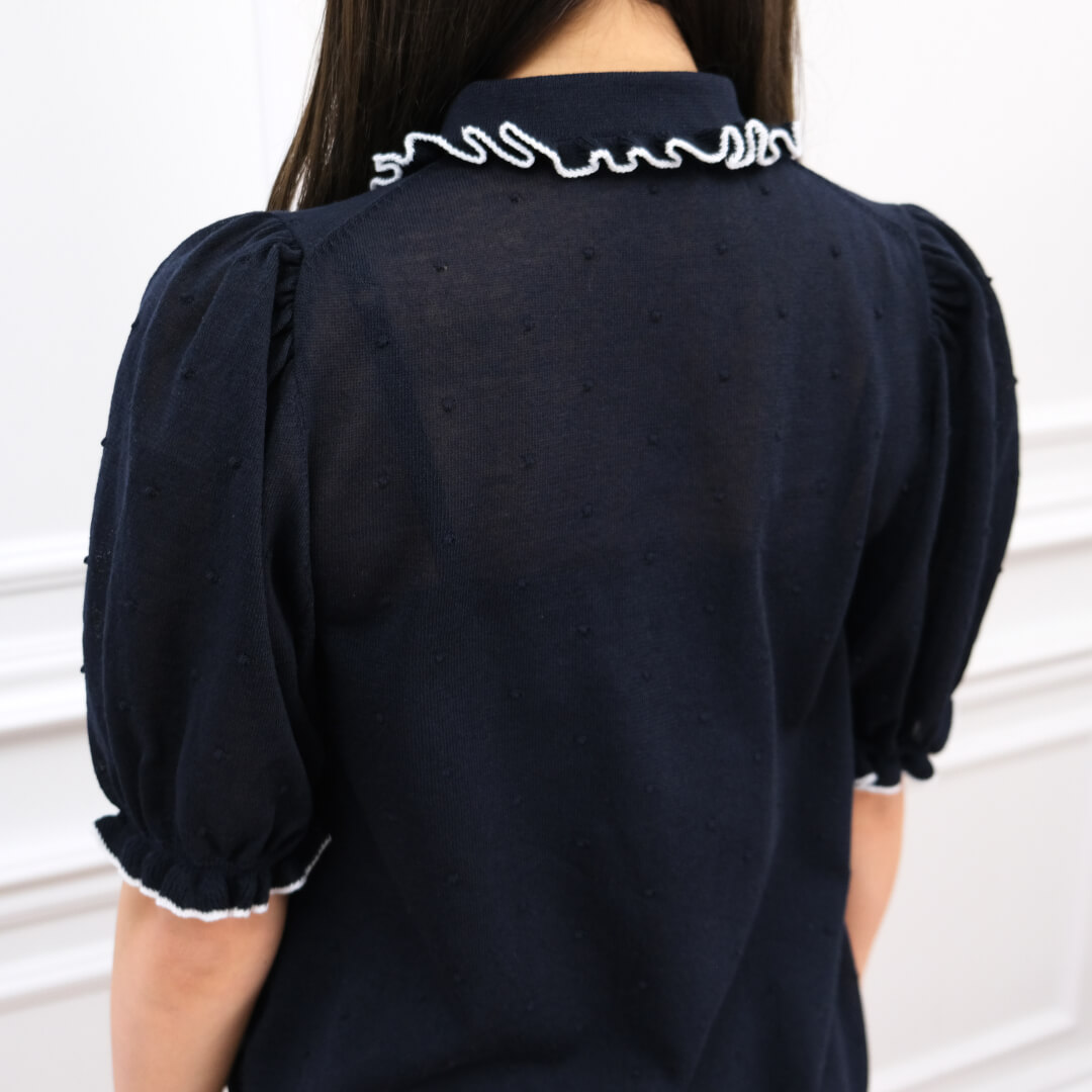 新品未使用　アンミヌ　unminou パイピングフリルニット ポロシャツ パイピングフリルニット(NAVY) | すべての商品 | UN MINOU