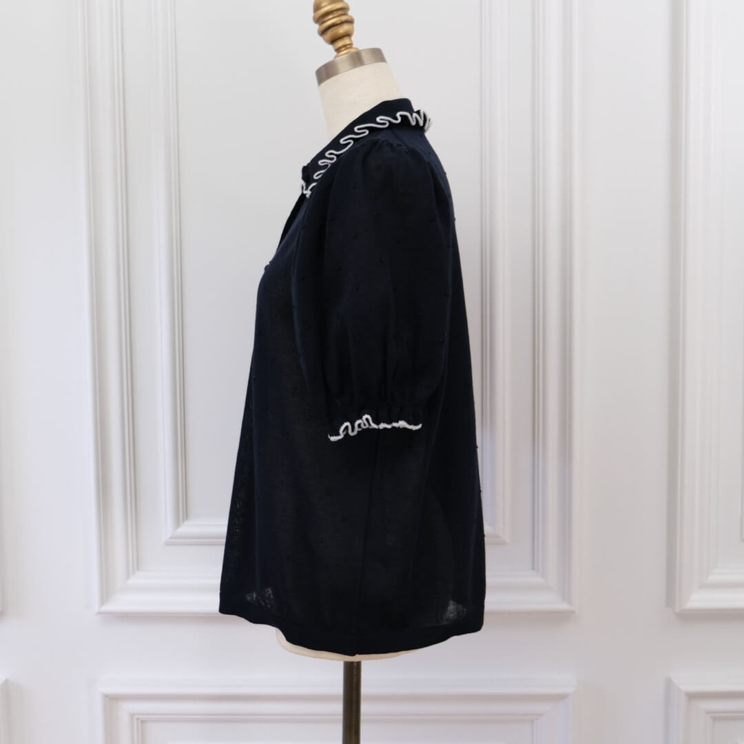 新品未使用　アンミヌ　unminou パイピングフリルニット ポロシャツ パイピングフリルニット(NAVY) | すべての商品 | UN MINOU