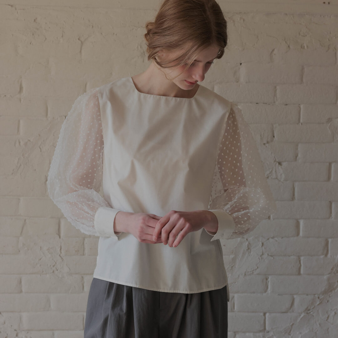 パリコレクション オーガンジードッキングブラウス(WHITE) | MINOU UN | すべての商品 シャツ+ブラウス(長袖+七分)