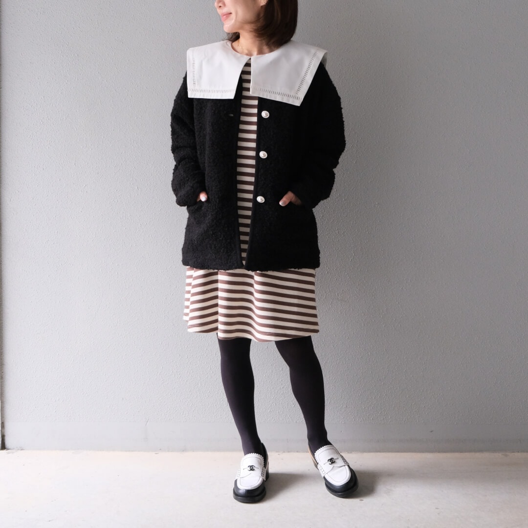 Round Collar Boucl��� Jacket(BLACK)