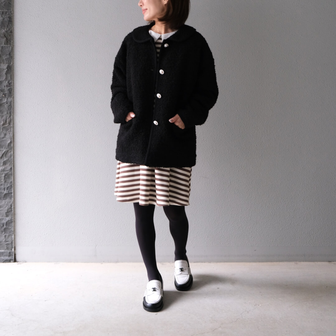 Round Collar Boucl��� Jacket(BLACK)