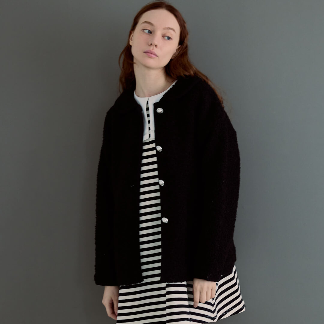 Round Collar Boucl��� Jacket(BLACK)
