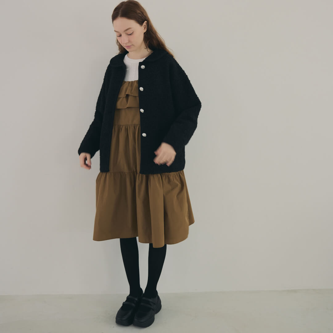 Round Collar Boucl��� Jacket(BLACK)