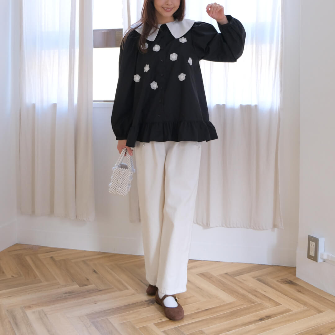 Organza Flower Blouse(BLACK)