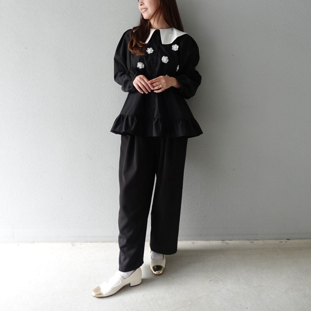 Organza Flower Blouse(BLACK)