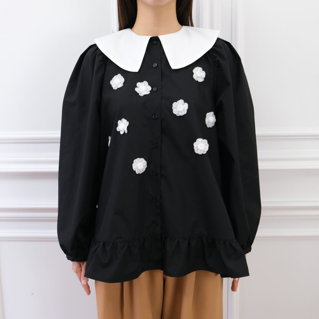 Organza Flower Blouse(BLACK)