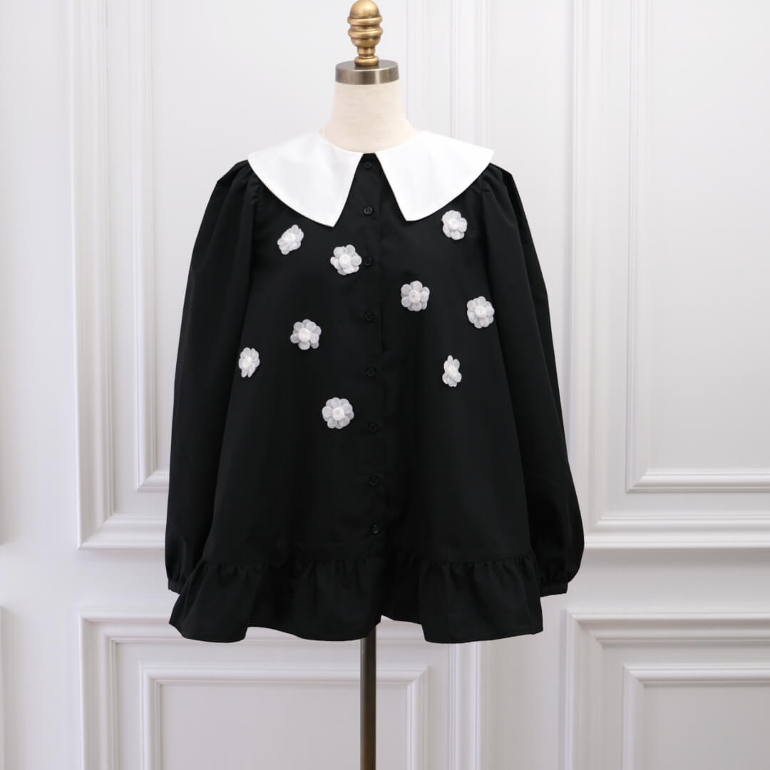 Organza Flower Blouse(BLACK)