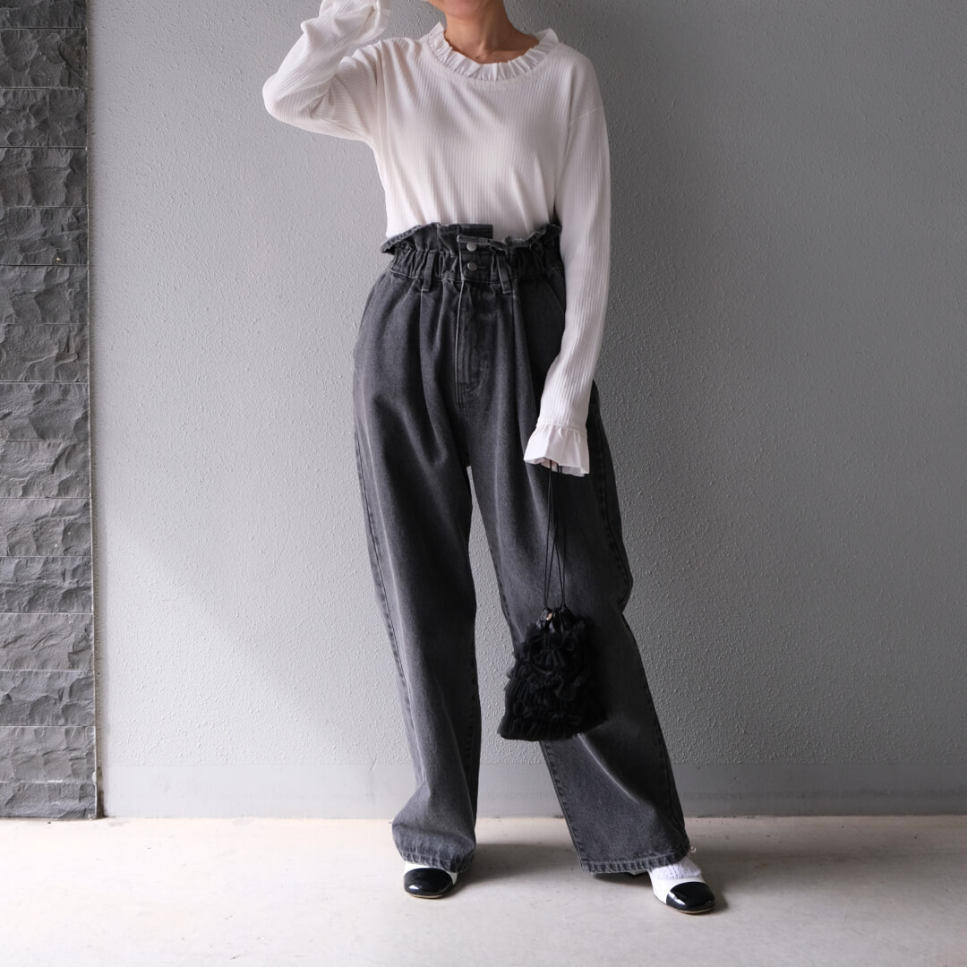 【美品】unminou ウエストフリルデニムパンツ　グレー　完売品 ウエストフリルデニム(GRAY) | すべての商品 | UN MINOU