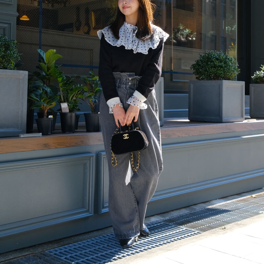 【美品】unminou ウエストフリルデニムパンツ　グレー　完売品 unminou ウエストフリルデニムパンツ