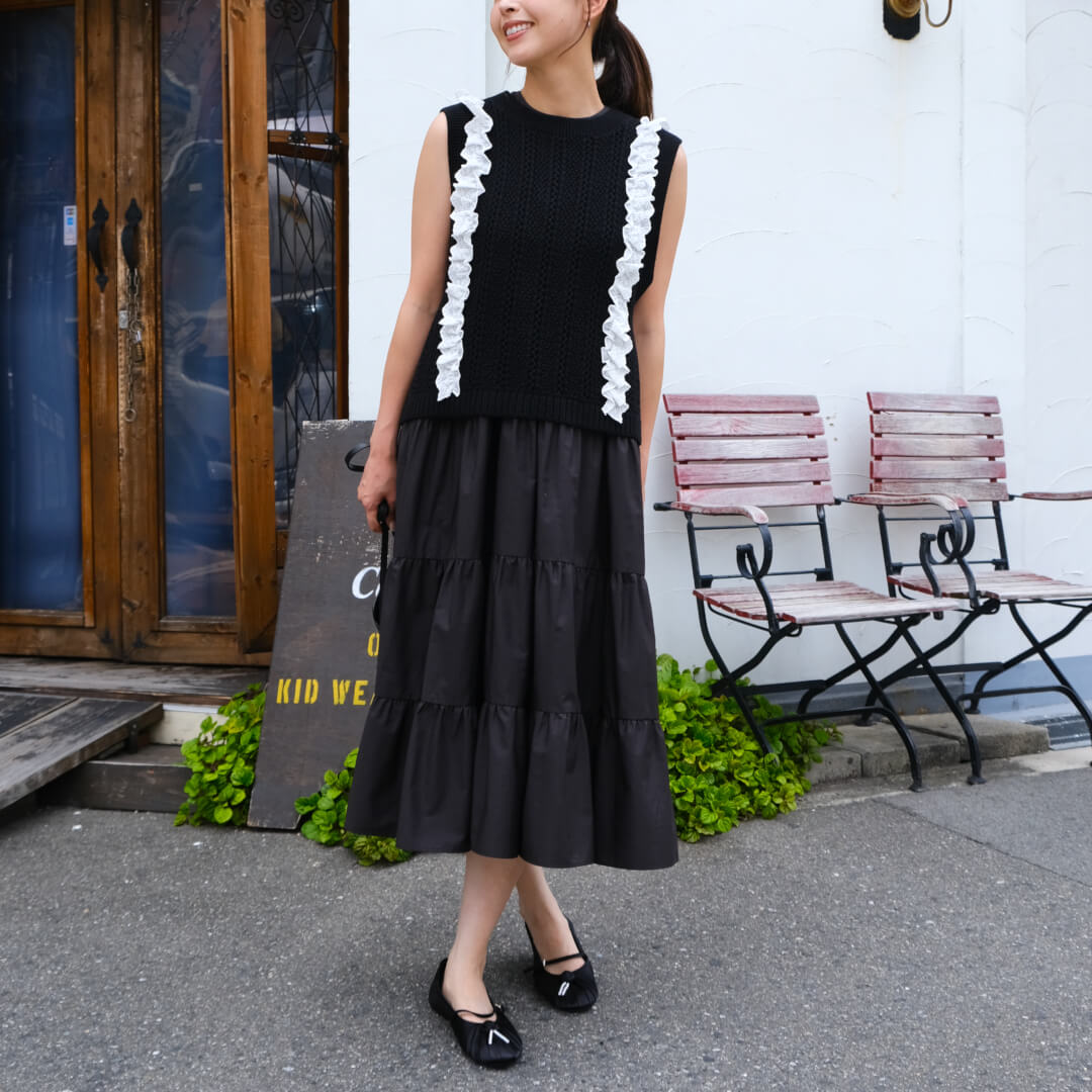クラシックレースニットベスト(BLACK) | TOPS | UN MINOU