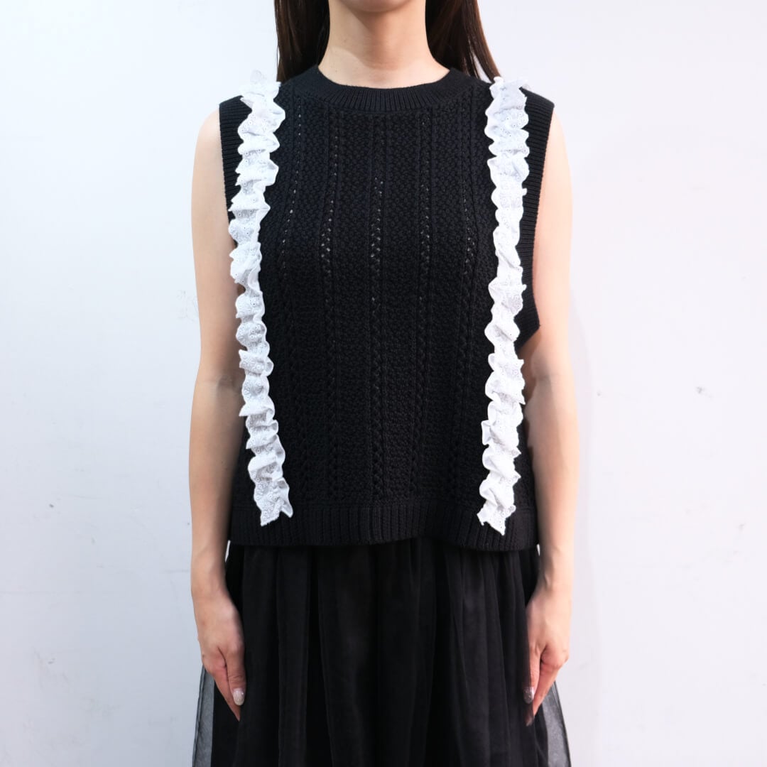 クラシックレースニットベスト(BLACK) | TOPS | UN MINOU