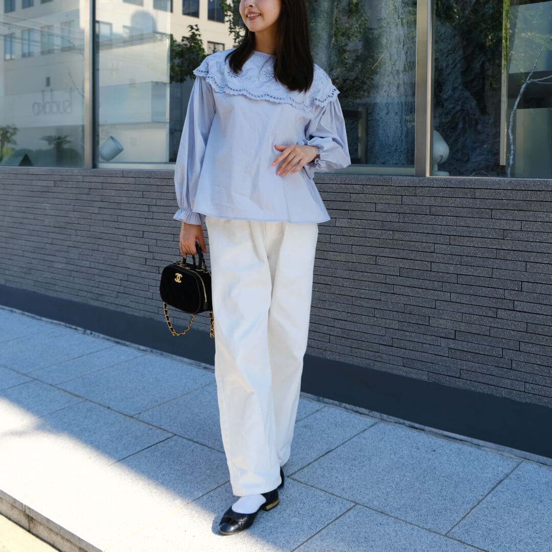 アンミヌ UNMINOU スカラップカラーブラウス サックス レース