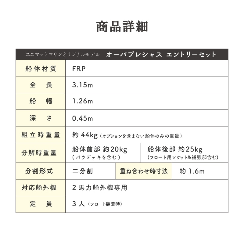 ＜メーカー直送＞【選択あり】オーパクラフト オーパプレシャス エントリーセット【ユニマットマリン限定モデル】 ／　OPA Light 3 Origin 分割式ボート 軽量 ミニボート 船外機2馬力専用 予備検査選択