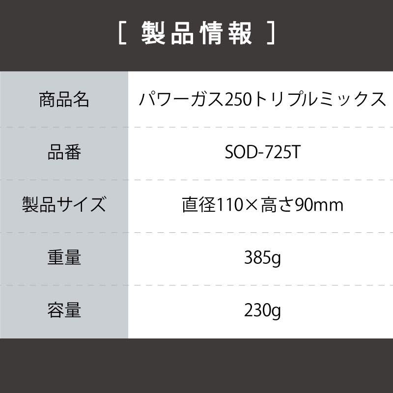 SOTO パワーガス250トリプルミックス SOD-725T|ボンベ OD缶 耐圧容器 高品質 3種混合ガス 登山 雪山 トレッキング