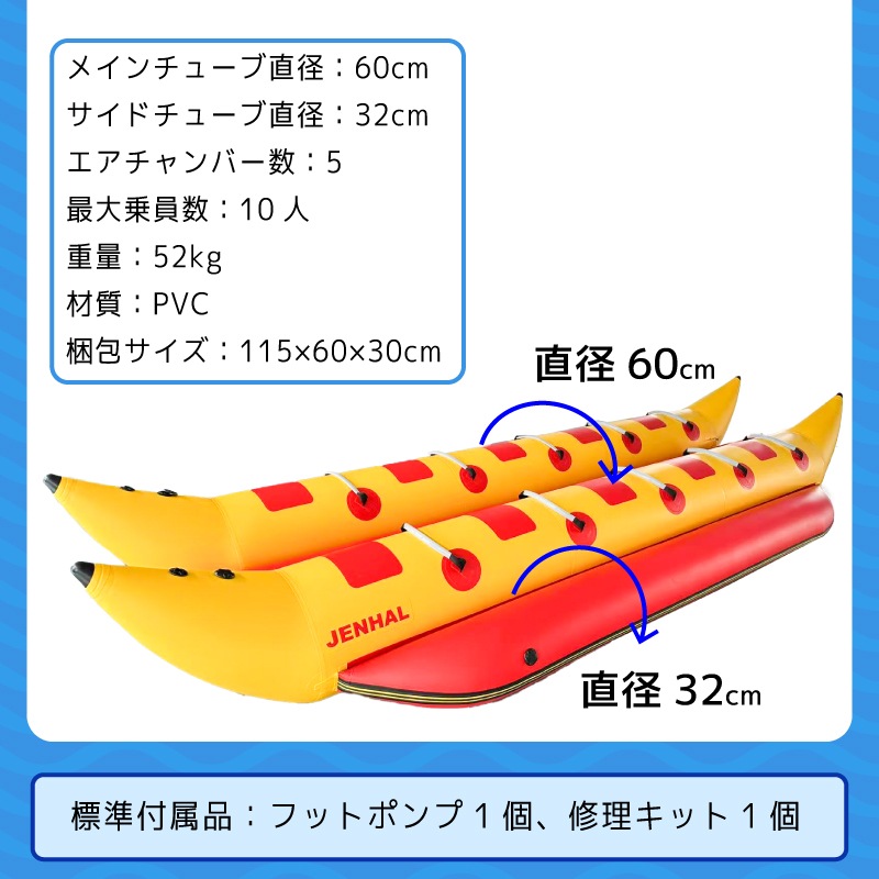 ＜送料都度見積もり＞JENHAL ツインバナナボート 10人乗り DH-520 / フットポンプ・修理キット付き