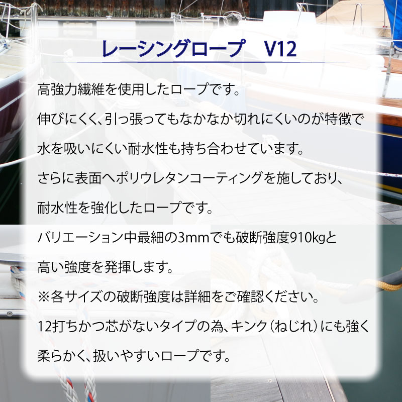 【選択あり】レーシングロープ V12 3mm~6mm / 1m単位 切り売り ベージュ ひも 船 ボート