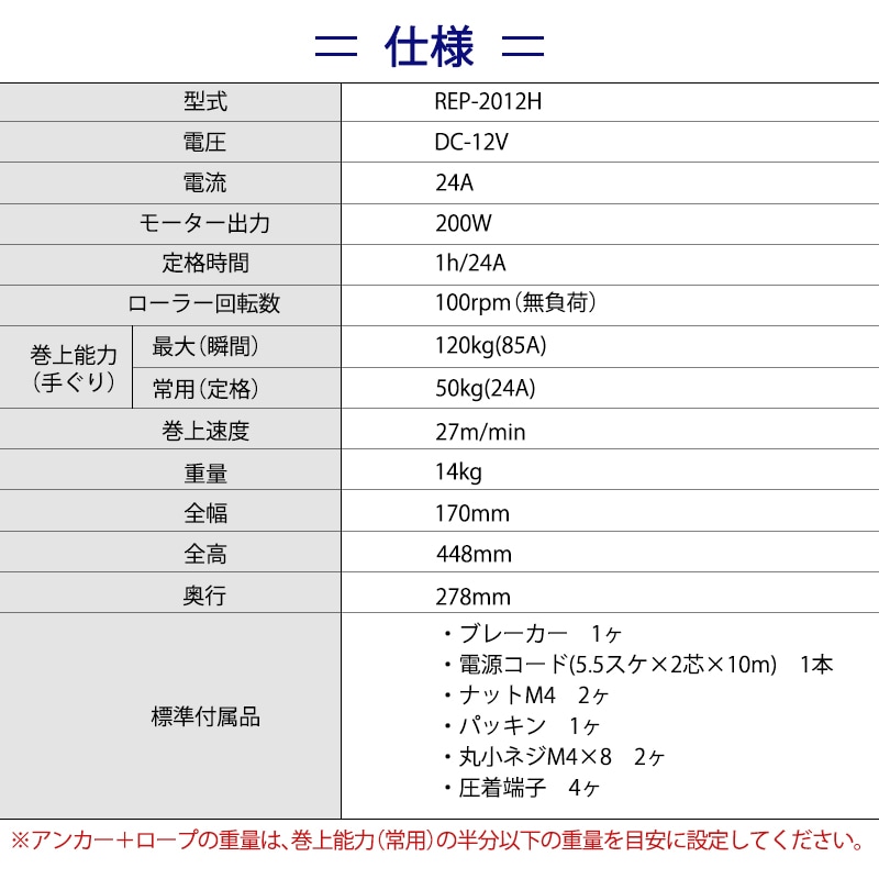 ＜メーカー直送＞KOSHIN ミニカール REP-2012H 12V ビルトインタイプ / アンカー 巻き上げ  工進
