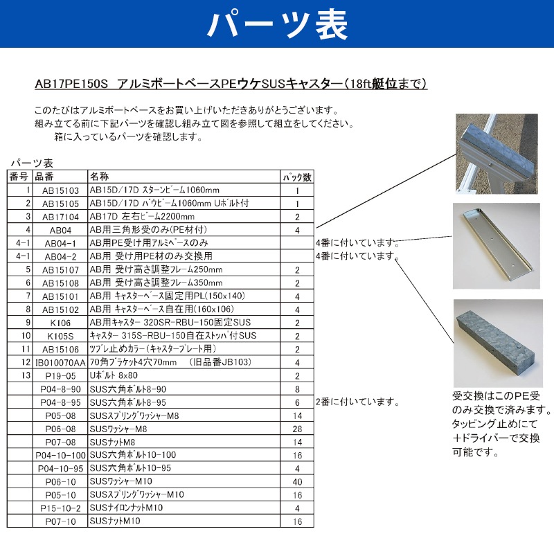 <メーカー直送> ファクトリーゼロ アルミボートベース AB17PE150S / SUS150キャスターS付 船台 ボート 船舶