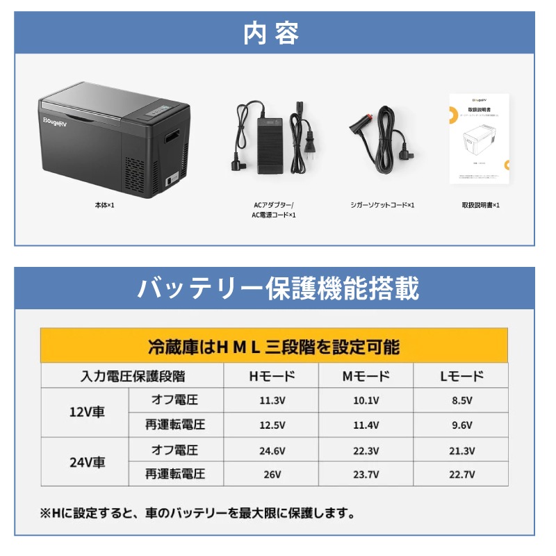 <メーカー直送>BougeRV ポータブル冷凍冷蔵庫 22L 型番:CR2202 / ボージアールブイ 冷凍冷蔵保存可能・大容量22L・3WAY電源対応
