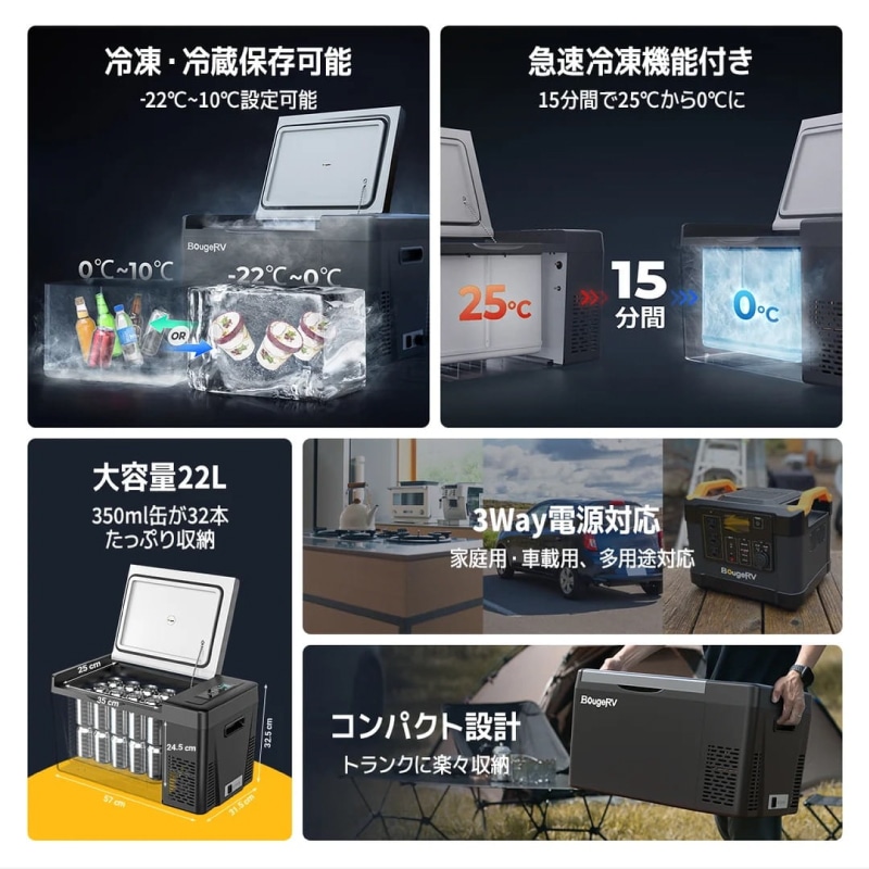 <メーカー直送>BougeRV ポータブル冷凍冷蔵庫 22L 型番:CR2202 / ボージアールブイ 冷凍冷蔵保存可能・大容量22L・3WAY電源対応