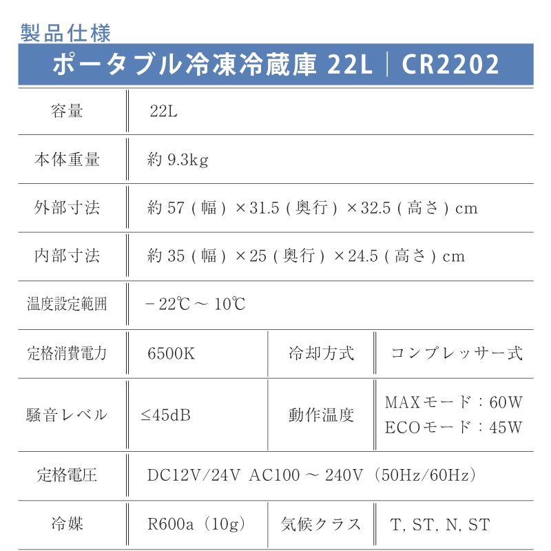 <メーカー直送>BougeRV ポータブル冷凍冷蔵庫 22L 型番:CR2202 / ボージアールブイ 冷凍冷蔵保存可能・大容量22L・3WAY電源対応