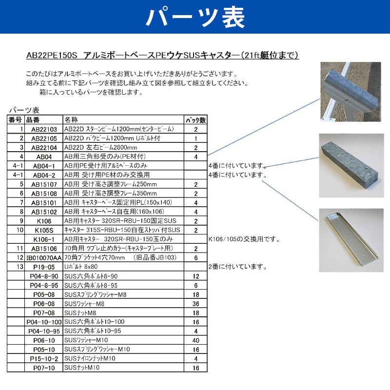 <メーカー直送> ファクトリーゼロ アルミボートベース AB22PE150S / SUSキャスターストッパー付 船台 ボート 船舶