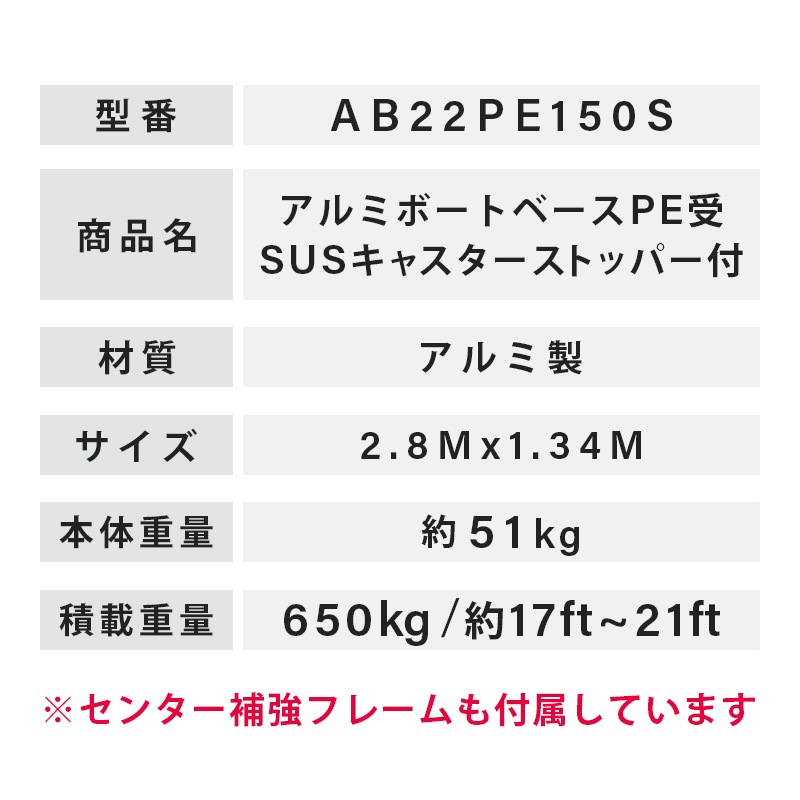 <メーカー直送> ファクトリーゼロ アルミボートベース AB22PE150S / SUSキャスターストッパー付 船台 ボート 船舶