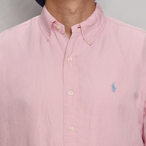大きいサイズ ラルフローレン 爽やかなライトブルー♡リネンシャツ ピンク刺繍 Polo Ralph Lauren/S/S Linen Shirt（ラルフローレン リネン