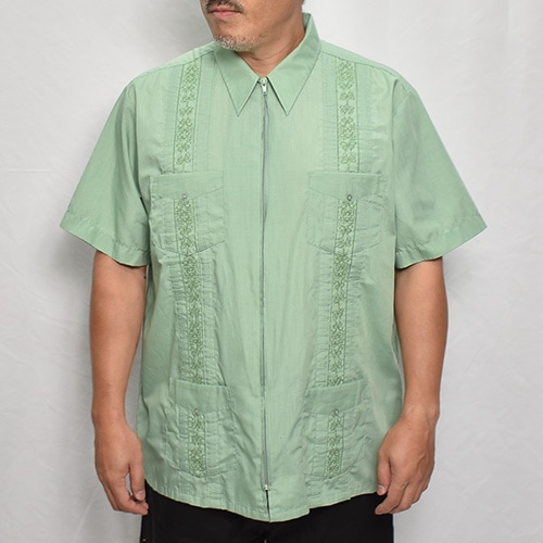 90S GUAYABERA ジップ キューバシャツ グリーン 90s vintage キューバシャツ グアヤベラシャツ ジップシャツ 緑