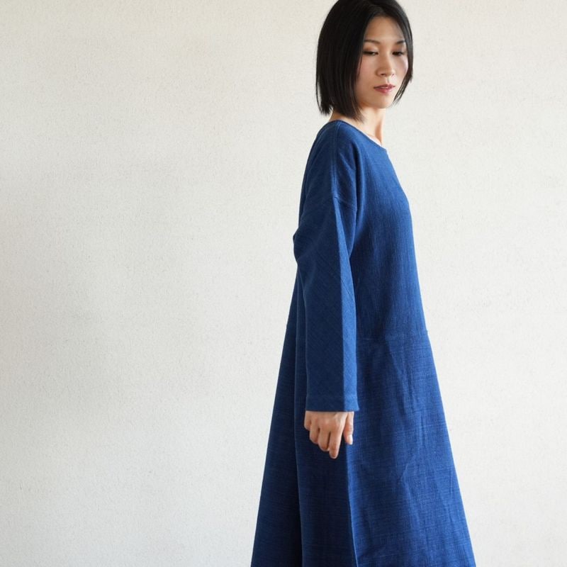 【値下げ】うさとの服　ゆったりワンピース　Usaato /天然素材 anc うさと ウサト USAATO コート ワンピース 茶 青系 ドルマン