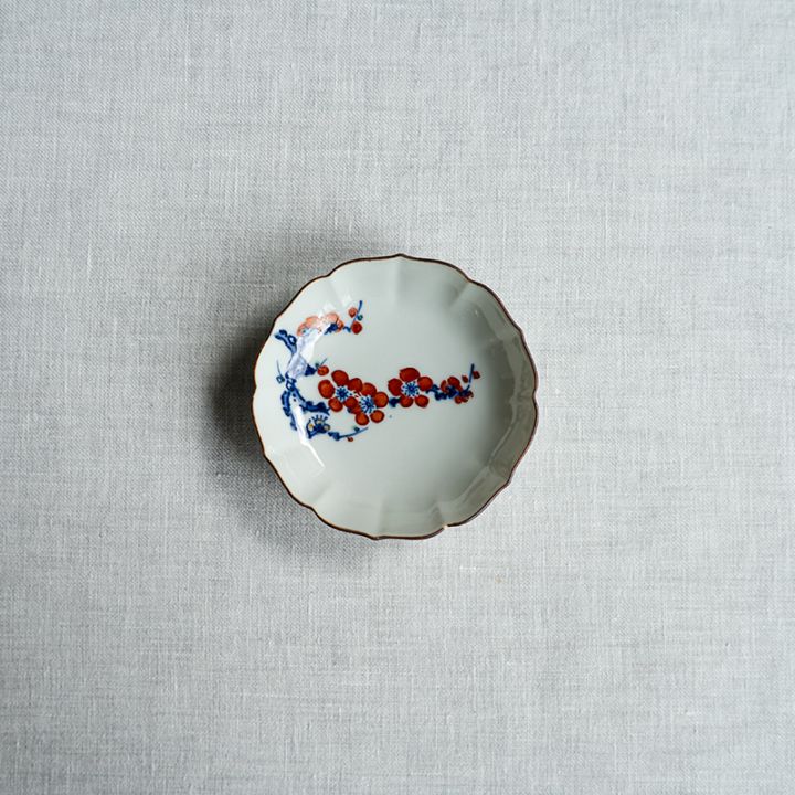 【個展予約商品】三寸輪花皿紅梅　萠窯