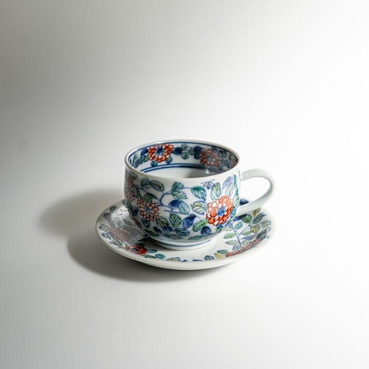 【個展】珈琲碗色絵回花文（カップアンドソーサー）　萠窯