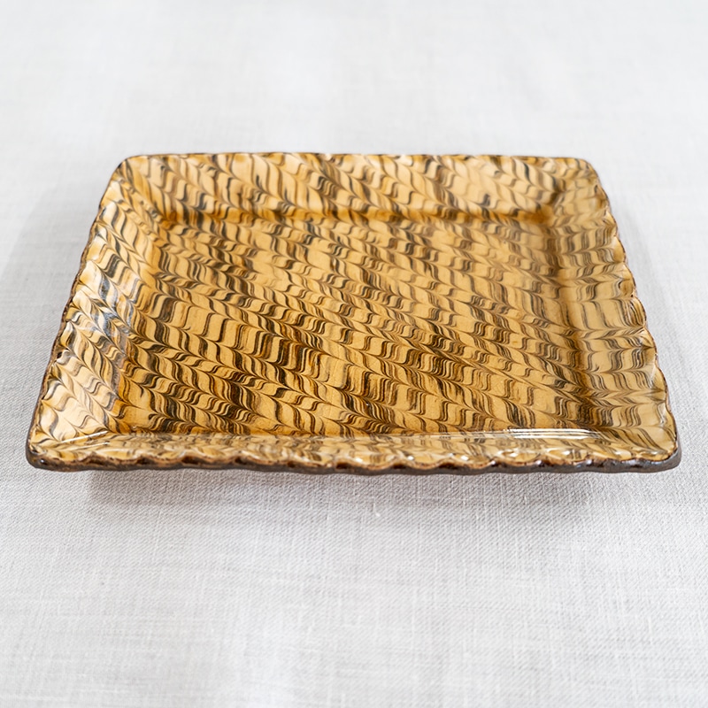 スリップウェア 四角平皿 スリップウェア角プレート小(フェザーコーム文様) 伊藤丈浩