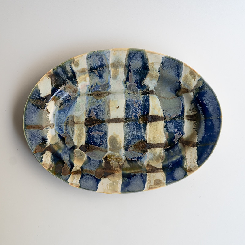 個展】オーバル皿大 ブルーチェック Enkel室伏真美 | 作家から選ぶ