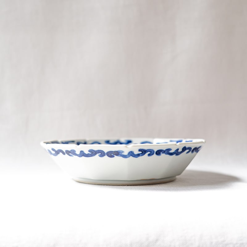 堀畑蘭さん 十二角鉢 芙蓉手 堀畑蘭 十二角鉢 染付芙蓉手鹿小鳥図 九谷青窯