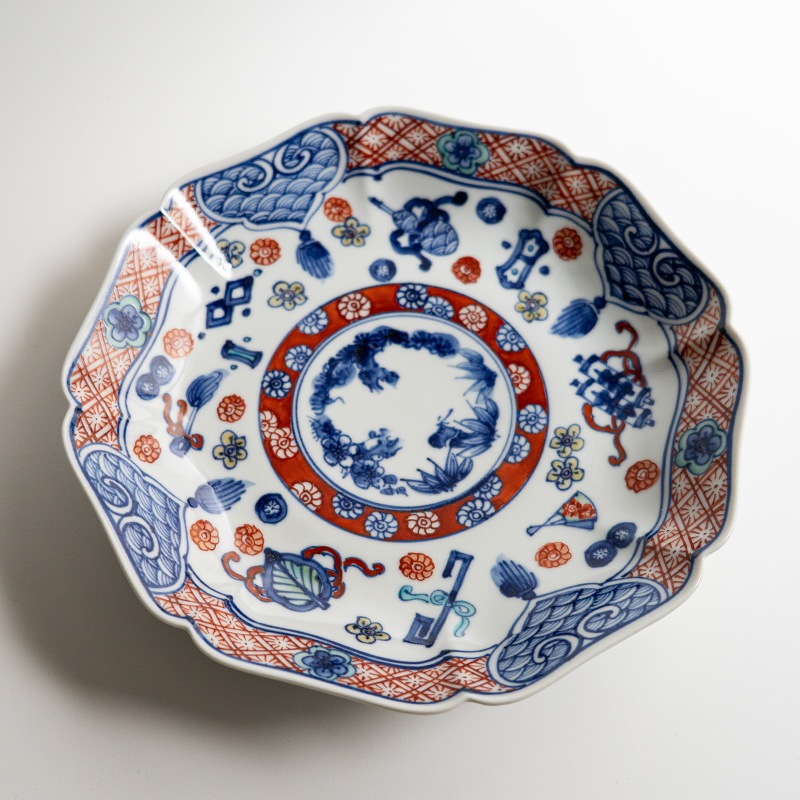 【個展商品】[別注] 七寸輪花皿色絵宝文　萠窯