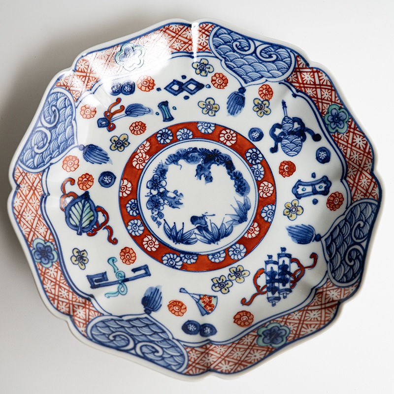 【個展商品】[別注] 七寸輪花皿色絵宝文　萠窯